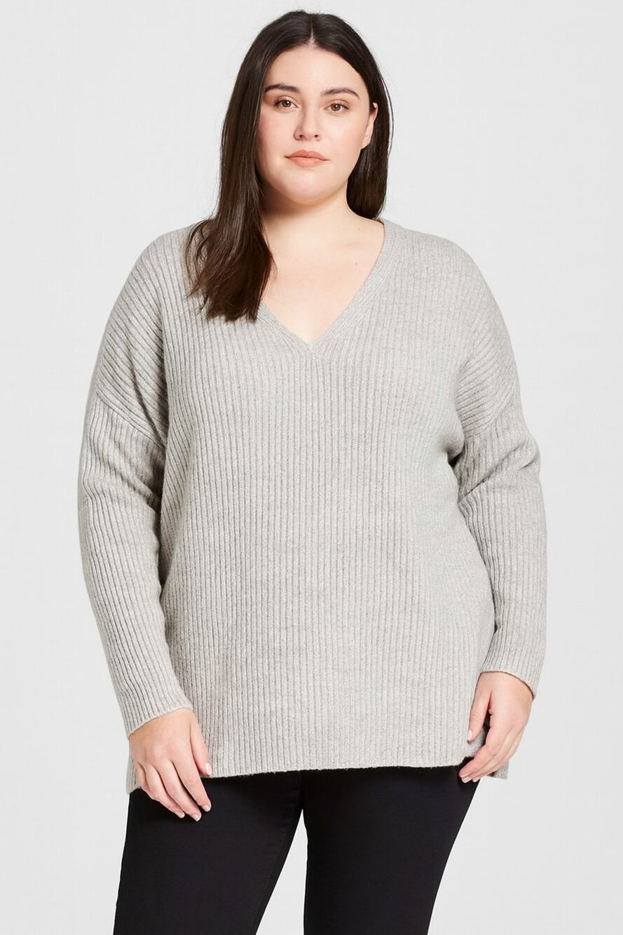 Halogen Womens 1X Heather Grey V-Neck Ribbed Long Pullover Sweater NWT